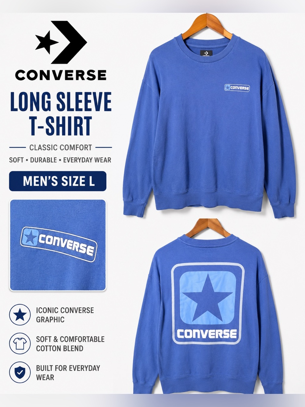 Converse Men’s Blue Graphic Crewneck Sweatshirt Star Logo Front & Back Size L